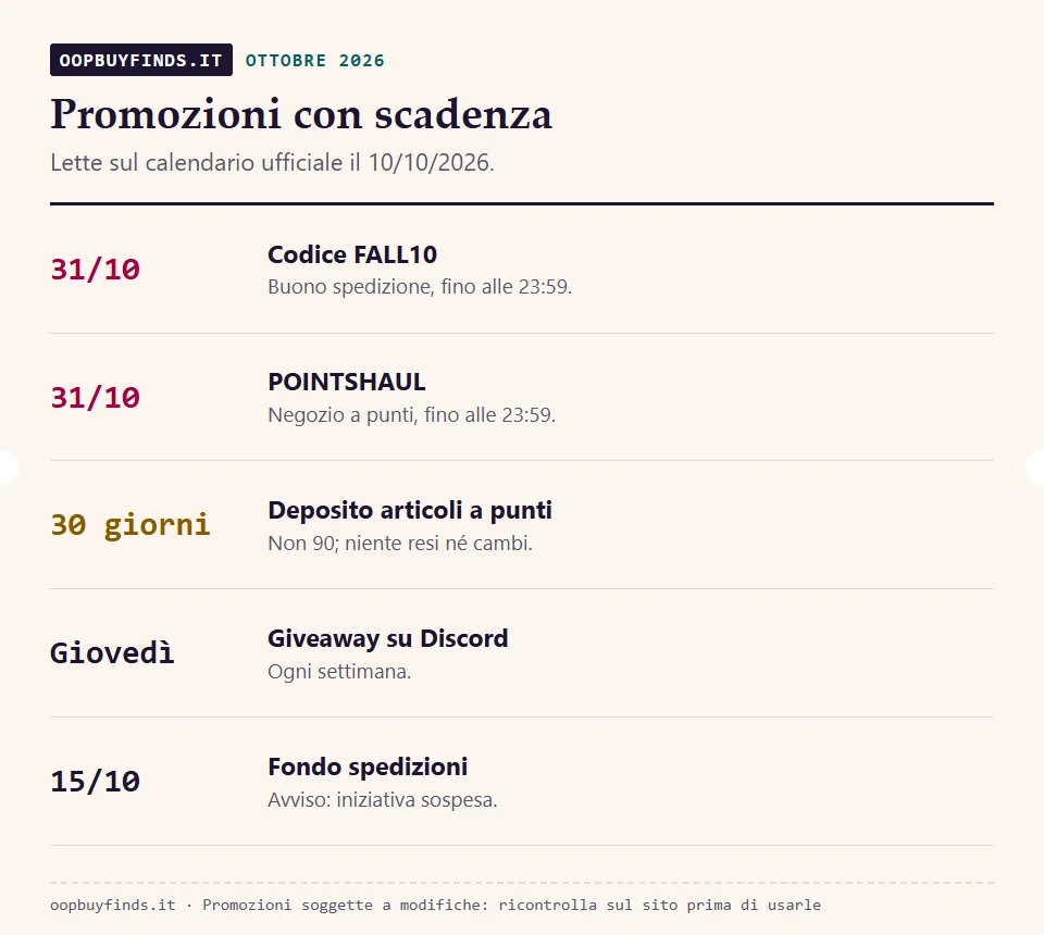 Calendario delle promozioni Oopbuy lette nell'ottobre 2026 con le date di scadenza e la regola che conta per l'assistenza