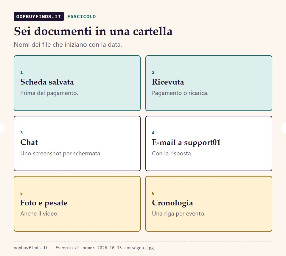 Fascicolo del reclamo in sei documenti: scheda salvata, ricevuta di pagamento, conversazione in chat, e-mail a support01, foto e pesate, cronologia con date