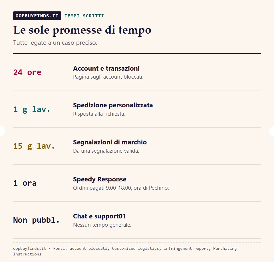 Le sole promesse di tempo scritte: 24 ore per account bloccati, 1 giorno lavorativo per spedizioni personalizzate, 15 giorni lavorativi per marchi