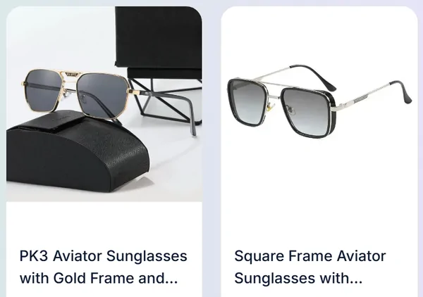 Occhiali da sole aviator: due schede articolo dal catalogo