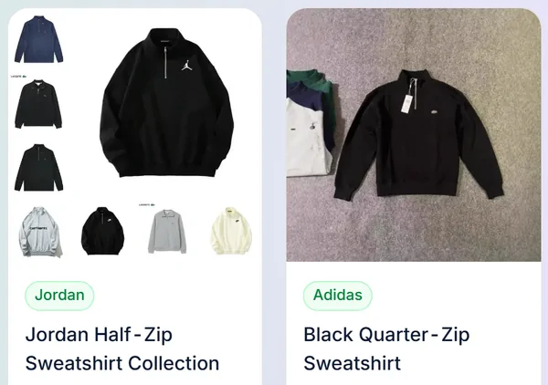 Felpe con mezza zip: due schede articolo dal catalogo