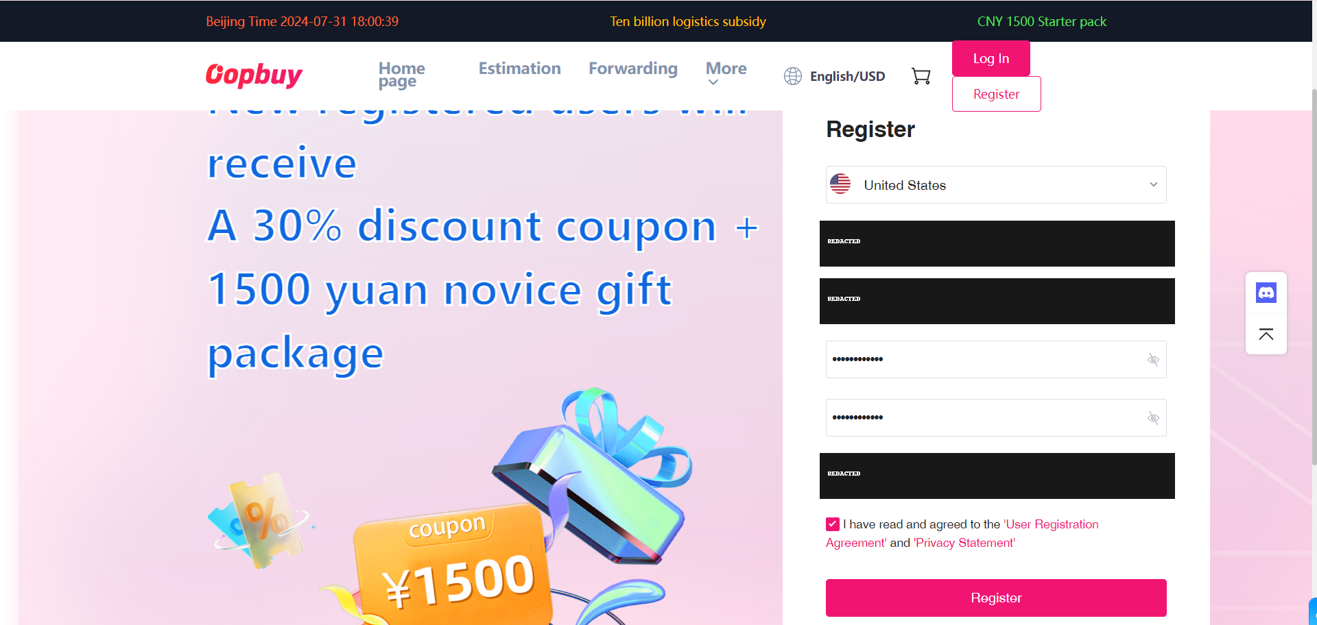 Il modulo Register del tutorial: inserimento e verifica dei dati. I campi personali sono oscurati.