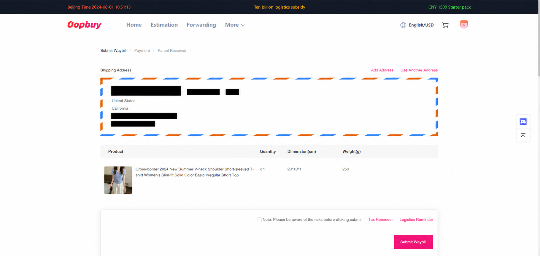 Preparazione del waybill: verifica il destinatario e gli articoli prima di continuare.