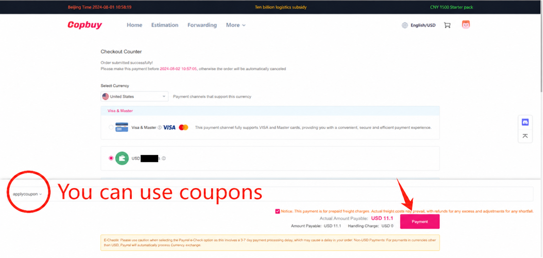 Pagamento del preventivo di spedizione. Il tutorial evidenzia dove si applica un coupon; importi e disponibilità sono illustrativi.