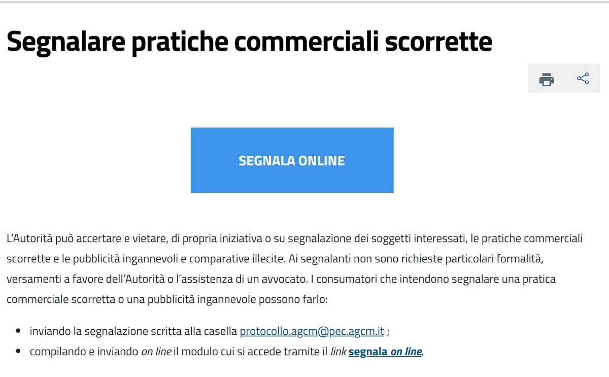 Pagina dell'Autorità Garante della Concorrenza e del Mercato su come segnalare pratiche commerciali scorrette, online o per iscritto