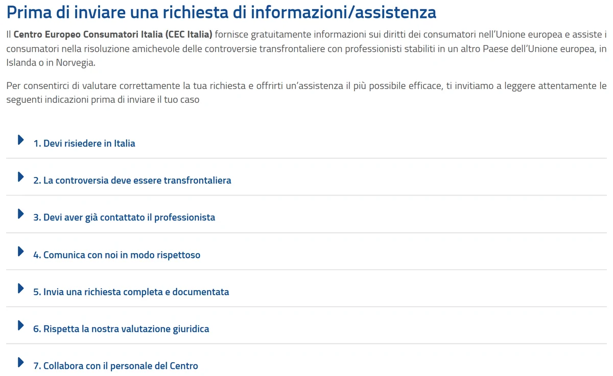 Pagina del Centro Europeo Consumatori Italia con le condizioni per inviare un reclamo, tra cui la controversia transfrontaliera nell'UE, in Islanda o in Norvegia