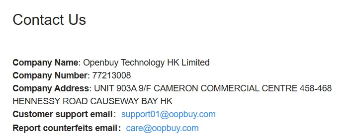Pagina Contact Us di Oopbuy con ragione sociale, numero, indirizzo a Causeway Bay e due caselle e-mail