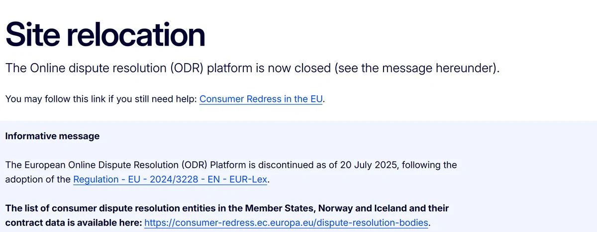 Pagina della Commissione europea: la piattaforma ODR per la risoluzione online delle controversie è chiusa dal 20 luglio 2025