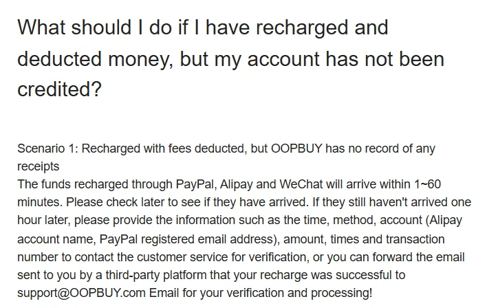 Testo ufficiale: ricariche PayPal, Alipay e WeChat accreditate in 1-60 minuti; dopo un'ora contattare l'assistenza con i dati della transazione