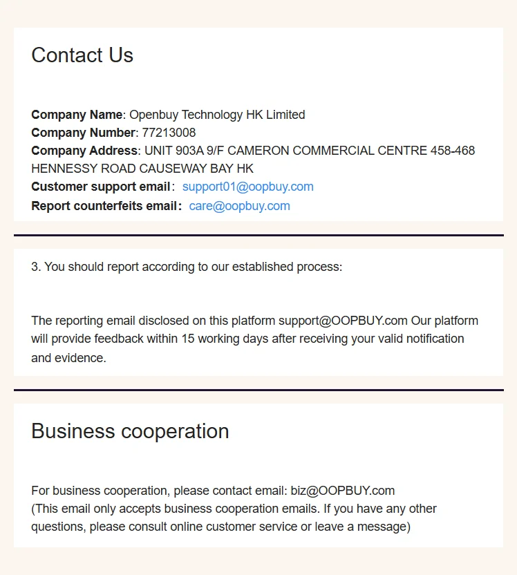 Tre ritagli ufficiali: le due caselle della pagina Contact Us, la casella per le segnalazioni di marchio e la casella commerciale